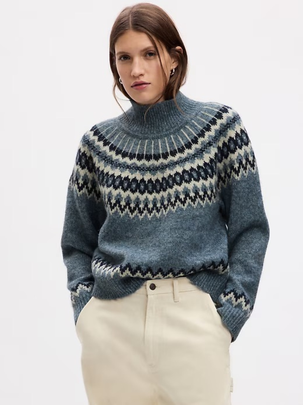 Gap Mock Neck Fair Isle Sweater Women M Blue Nordic Argyle Knit Preppy
